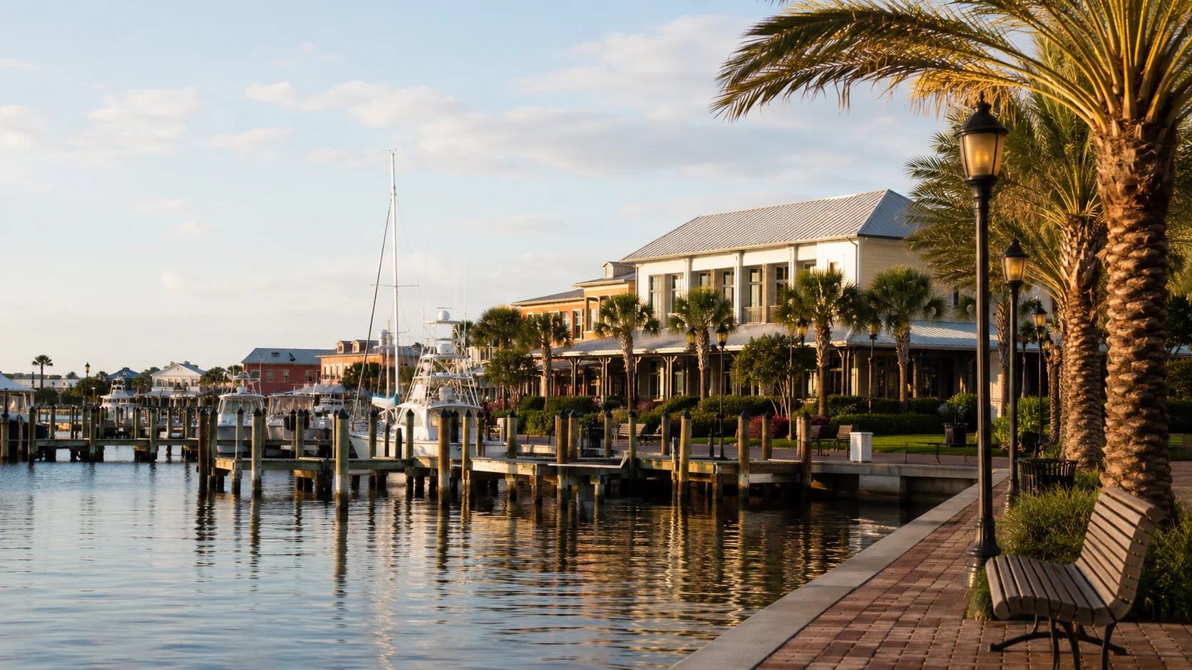 Waterfront business district and marina on the Gulf Coast